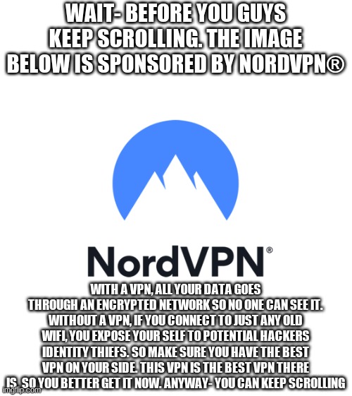 This Image was also sponsored by NordVPN® | WAIT- BEFORE YOU GUYS KEEP SCROLLING. THE IMAGE BELOW IS SPONSORED BY NORDVPN®; WITH A VPN, ALL YOUR DATA GOES THROUGH AN ENCRYPTED NETWORK SO NO ONE CAN SEE IT. WITHOUT A VPN, IF YOU CONNECT TO JUST ANY OLD WIFI, YOU EXPOSE YOUR SELF TO POTENTIAL HACKERS IDENTITY THIEFS. SO MAKE SURE YOU HAVE THE BEST VPN ON YOUR SIDE. THIS VPN IS THE BEST VPN THERE IS. SO YOU BETTER GET IT NOW. ANYWAY- YOU CAN KEEP SCROLLING | made w/ Imgflip meme maker