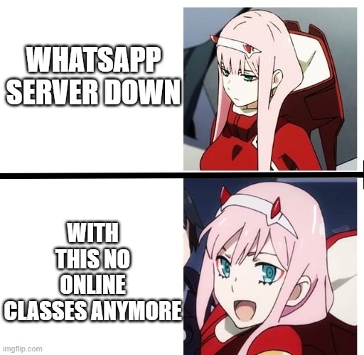 Zero two anime drake meme | WHATSAPP SERVER DOWN; WITH THIS NO ONLINE CLASSES ANYMORE | image tagged in zero two anime drake meme | made w/ Imgflip meme maker