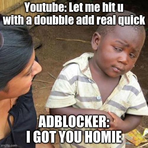 Third World Skeptical Kid Meme | Youtube: Let me hit u with a doubble add real quick; ADBLOCKER: I GOT YOU HOMIE | image tagged in memes,third world skeptical kid,youtube,ads | made w/ Imgflip meme maker