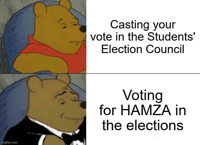 Hamza Election Material | Casting your vote in the Students' Election Council; Voting for HAMZA in the elections | image tagged in memes,tuxedo winnie the pooh | made w/ Imgflip meme maker