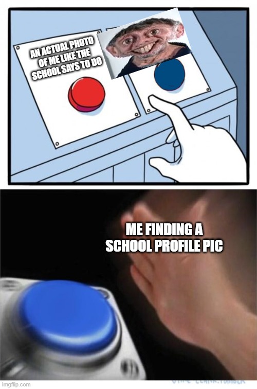 profile pic | AN ACTUAL PHOTO OF ME LIKE THE SCHOOL SAYS TO DO; ME FINDING A SCHOOL PROFILE PIC | image tagged in two buttons 1 blue | made w/ Imgflip meme maker