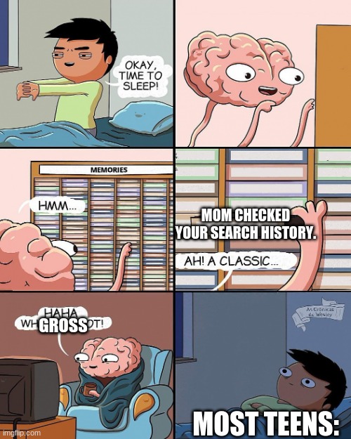 Admit it,this happened to you at one point. | MOM CHECKED YOUR SEARCH HISTORY. GROSS; MOST TEENS: | image tagged in okay time to sleep | made w/ Imgflip meme maker