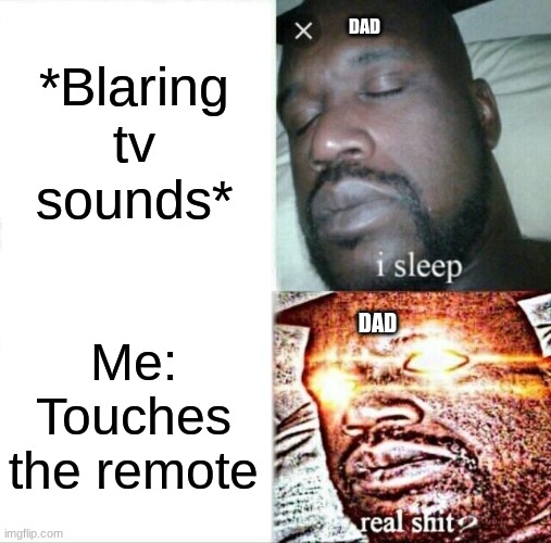 honestly(sort of a repost just different) | *Blaring tv sounds*; DAD; Me: Touches the remote; DAD | image tagged in memes,sleeping shaq | made w/ Imgflip meme maker