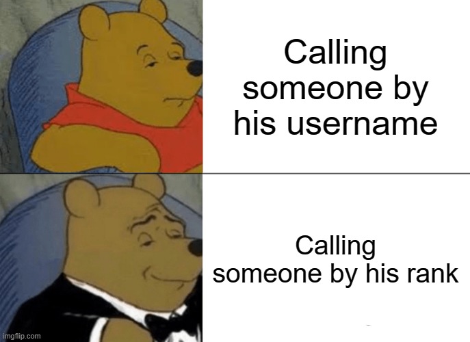 Tuxedo Winnie The Pooh Meme | Calling someone by his username; Calling someone by his rank | image tagged in memes,tuxedo winnie the pooh | made w/ Imgflip meme maker
