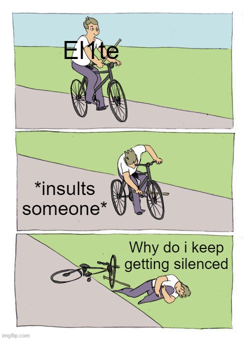 Bike Fall Meme | El1te; *insults someone*; Why do i keep getting silenced | image tagged in memes,bike fall | made w/ Imgflip meme maker