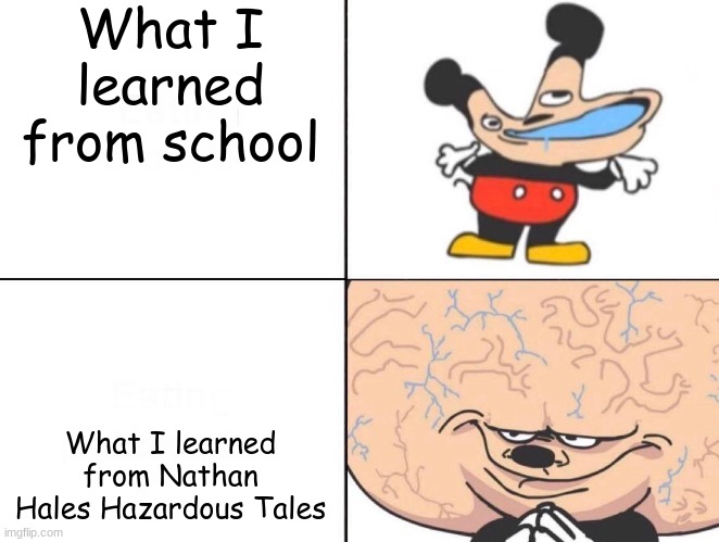 big brain mokey |  What I learned from school; What I learned from Nathan Hales Hazardous Tales | image tagged in big brain mokey | made w/ Imgflip meme maker