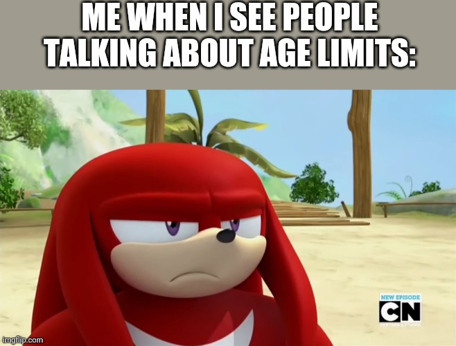 stop it. get some help. |  ME WHEN I SEE PEOPLE TALKING ABOUT AGE LIMITS: | image tagged in knuckles is not impressed - sonic boom | made w/ Imgflip meme maker
