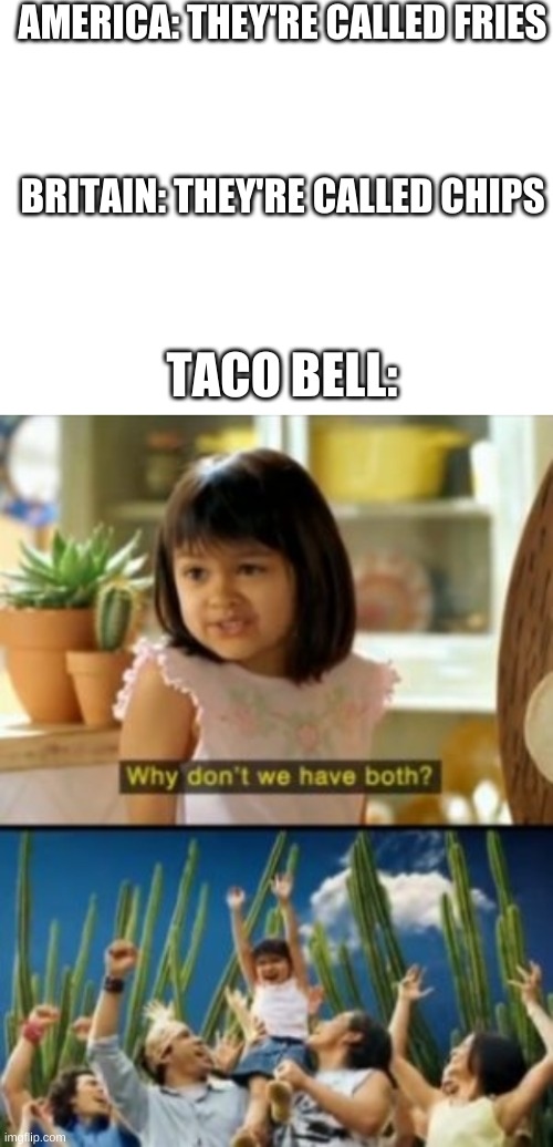 I Love Nacho Fries. | AMERICA: THEY'RE CALLED FRIES; BRITAIN: THEY'RE CALLED CHIPS; TACO BELL: | image tagged in blank white template,memes,why not both | made w/ Imgflip meme maker