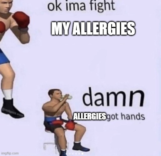 It ain't fun. | MY ALLERGIES; ALLERGIES | image tagged in damn got hands | made w/ Imgflip meme maker