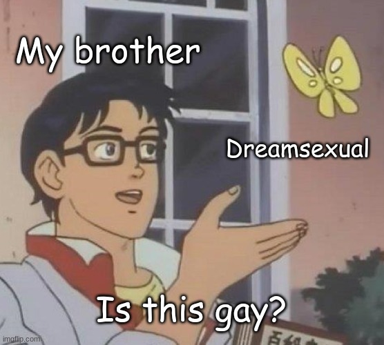 T^T | My brother; Dreamsexual; Is this gay? | image tagged in memes,is this a pigeon,gay,unvalid | made w/ Imgflip meme maker