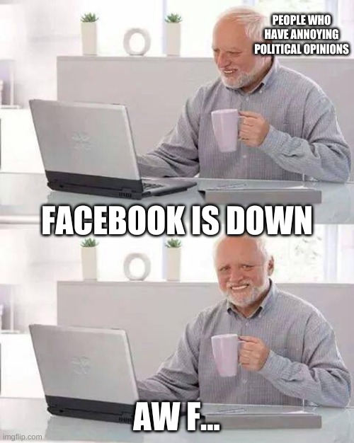 rejoice for a little while we wont have to listen to them | PEOPLE WHO HAVE ANNOYING POLITICAL OPINIONS; FACEBOOK IS DOWN; AW F... | image tagged in memes,hide the pain harold | made w/ Imgflip meme maker