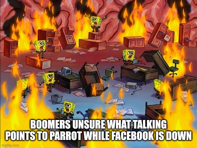 spongebob fire | BOOMERS UNSURE WHAT TALKING POINTS TO PARROT WHILE FACEBOOK IS DOWN | image tagged in spongebob fire,memes | made w/ Imgflip meme maker