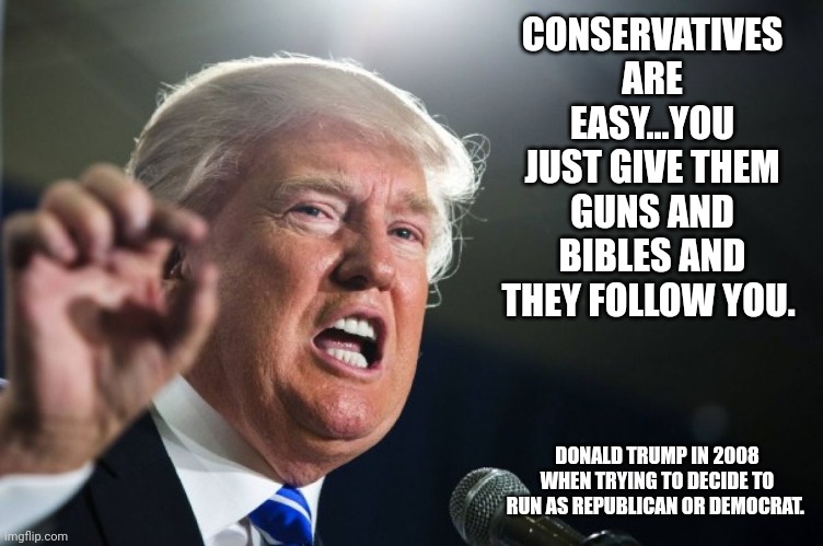 Practical donny | CONSERVATIVES ARE EASY...YOU JUST GIVE THEM GUNS AND BIBLES AND THEY FOLLOW YOU. DONALD TRUMP IN 2008 WHEN TRYING TO DECIDE TO RUN AS REPUBLICAN OR DEMOCRAT. | image tagged in donald trump,trump,conservative,republican,trump supporter,democrat | made w/ Imgflip meme maker