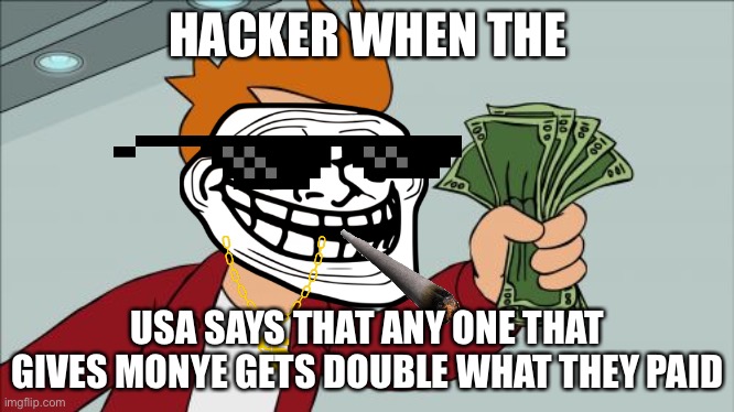 Shut Up And Take My Money Fry Meme | HACKER WHEN THE; USA SAYS THAT ANY ONE THAT GIVES MONYE GETS DOUBLE WHAT THEY PAID | image tagged in memes,shut up and take my money fry | made w/ Imgflip meme maker