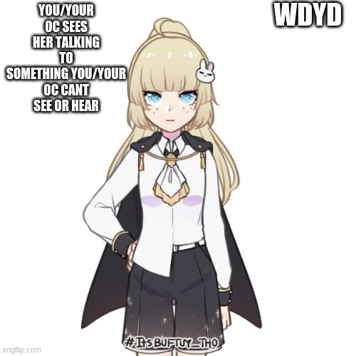 ^~^ | WDYD; YOU/YOUR OC SEES HER TALKING TO SOMETHING YOU/YOUR OC CANT SEE OR HEAR | made w/ Imgflip meme maker