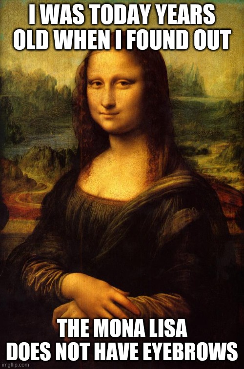 Meme 1 | I WAS TODAY YEARS OLD WHEN I FOUND OUT; THE MONA LISA DOES NOT HAVE EYEBROWS | image tagged in the mona lisa | made w/ Imgflip meme maker