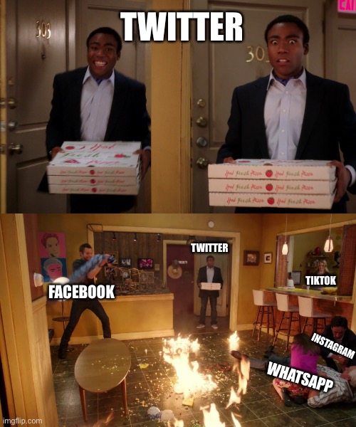 Coming back with pizza | TWITTER; TWITTER; FACEBOOK; TIKTOK; INSTAGRAM; WHATSAPP | image tagged in coming back with pizza | made w/ Imgflip meme maker