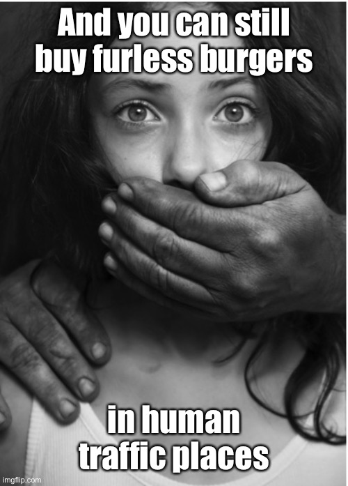 Human trafficking  | And you can still buy furless burgers in human traffic places | image tagged in human trafficking | made w/ Imgflip meme maker