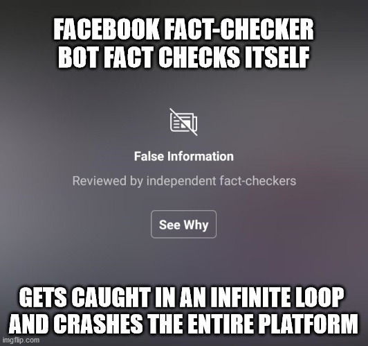 Fact Check This... | FACEBOOK FACT-CHECKER BOT FACT CHECKS ITSELF; GETS CAUGHT IN AN INFINITE LOOP 
AND CRASHES THE ENTIRE PLATFORM | image tagged in facebook,fact check | made w/ Imgflip meme maker