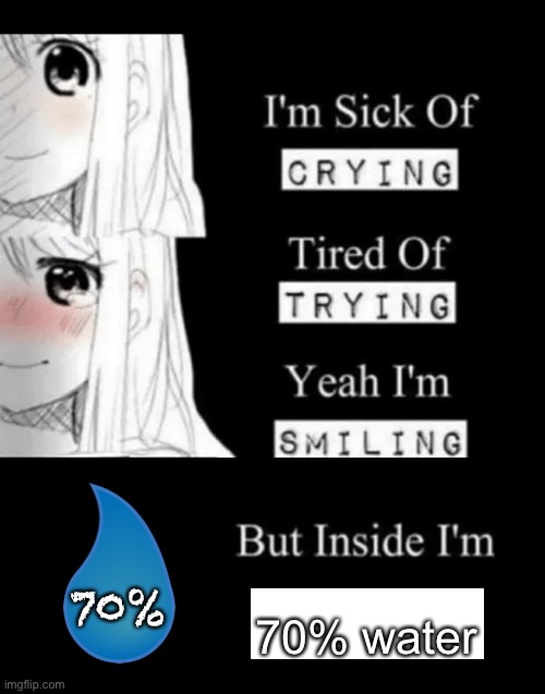 antimeme | 70%; 70% water | image tagged in i'm sick of crying,antimeme | made w/ Imgflip meme maker
