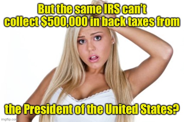 Dumb Blonde | But the same IRS can’t collect $500,000 in back taxes from the President of the United States? | image tagged in dumb blonde | made w/ Imgflip meme maker