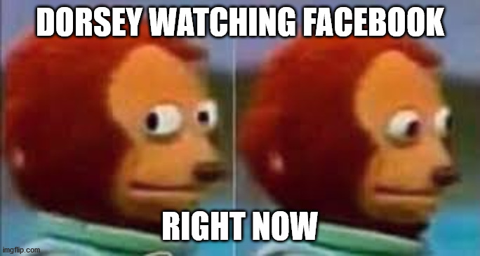 Jack Dorsey waatching facebook go down! | DORSEY WATCHING FACEBOOK; RIGHT NOW | image tagged in scared puppet | made w/ Imgflip meme maker