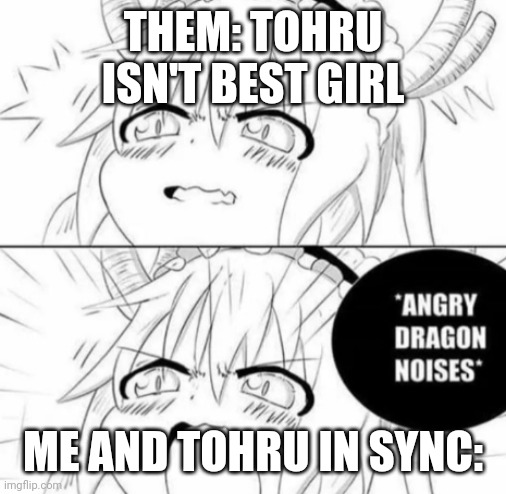 I'm not exactly a regular to the 'dragon maid' anime but I'm gonna give it a try | THEM: TOHRU ISN'T BEST GIRL; ME AND TOHRU IN SYNC: | image tagged in angry dragon noises | made w/ Imgflip meme maker