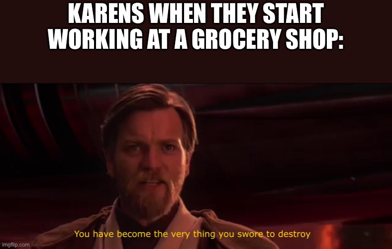 You have become the very thing you swore to destroy | KARENS WHEN THEY START WORKING AT A GROCERY SHOP: | image tagged in you have become the very thing you swore to destroy,karens | made w/ Imgflip meme maker