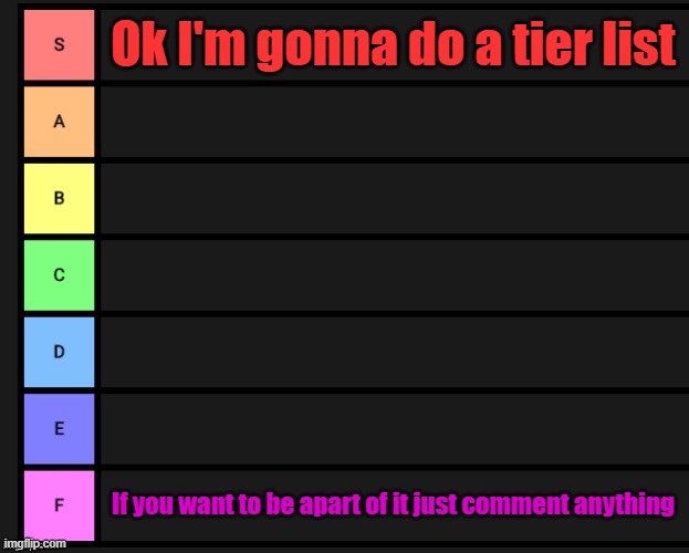 Time to rate | Ok I'm gonna do a tier list; If you want to be apart of it just comment anything | image tagged in tier list | made w/ Imgflip meme maker