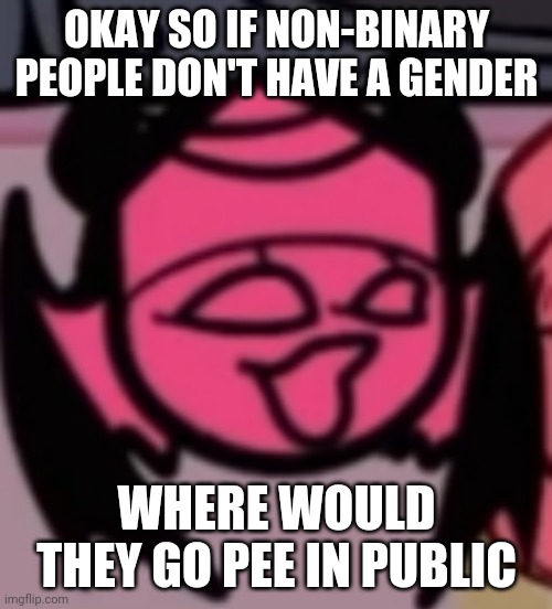Mens or womens? | OKAY SO IF NON-BINARY PEOPLE DON'T HAVE A GENDER; WHERE WOULD THEY GO PEE IN PUBLIC | image tagged in sarv pog | made w/ Imgflip meme maker