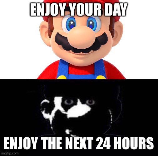 The way it’s worded | ENJOY YOUR DAY; ENJOY THE NEXT 24 HOURS | image tagged in lightside mario vs darkside mario | made w/ Imgflip meme maker