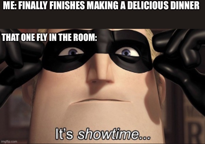 Now you have an extra ingredient! | ME: FINALLY FINISHES MAKING A DELICIOUS DINNER; THAT ONE FLY IN THE ROOM: | image tagged in it's showtime | made w/ Imgflip meme maker