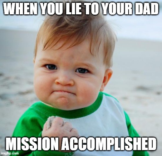 (: | WHEN YOU LIE TO YOUR DAD; MISSION ACCOMPLISHED | image tagged in mission accomplished | made w/ Imgflip meme maker