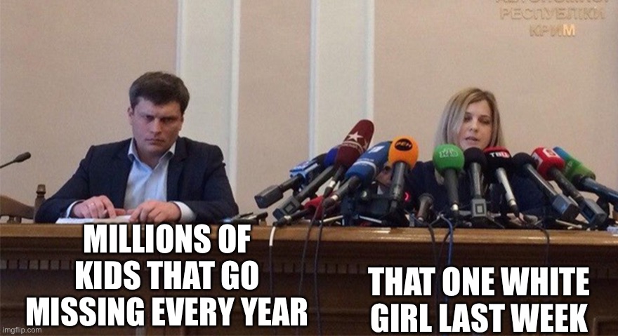 Only the popular ones get noticed | MILLIONS OF KIDS THAT GO MISSING EVERY YEAR; THAT ONE WHITE GIRL LAST WEEK | image tagged in man and woman microphone | made w/ Imgflip meme maker