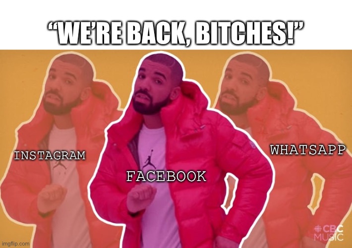 Deletefacebook | “WE’RE BACK, BITCHES!”; WHATSAPP; INSTAGRAM; FACEBOOK | image tagged in meme,funny,facebook,instagram | made w/ Imgflip meme maker