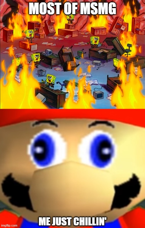 Pingas | MOST OF MSMG; ME JUST CHILLIN' | image tagged in spongebob's mind on fire,smg4 mario derp reaction | made w/ Imgflip meme maker