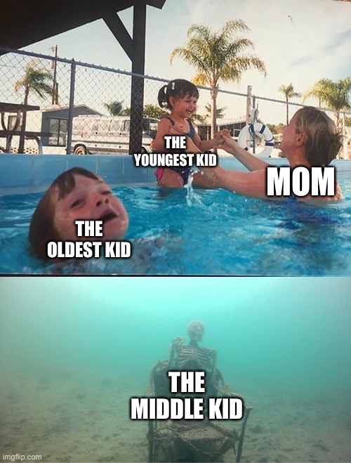 Family quantum physics | THE YOUNGEST KID; MOM; THE OLDEST KID; THE MIDDLE KID | image tagged in mother ignoring kid drowning in a pool | made w/ Imgflip meme maker
