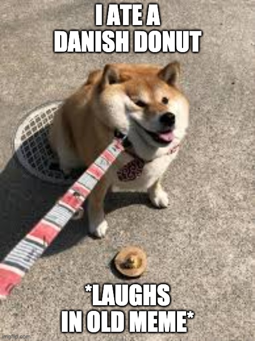 Squishy doggo leash | I ATE A DANISH DONUT; *LAUGHS IN OLD MEME* | image tagged in squishy doggo leash | made w/ Imgflip meme maker