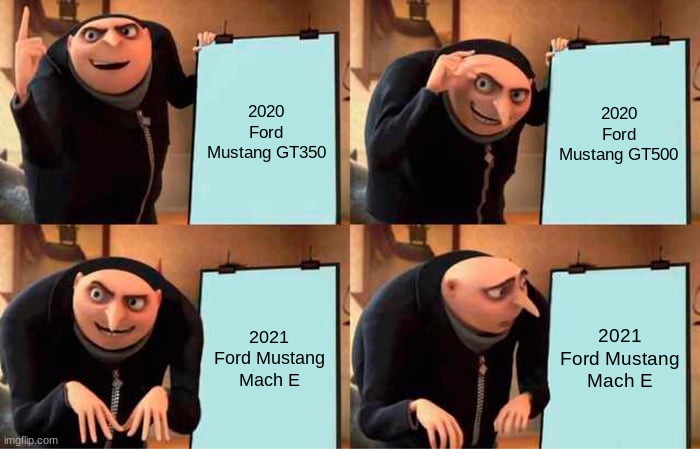 Why a electric car? | 2020 Ford Mustang GT350; 2020 Ford Mustang GT500; 2021 Ford Mustang Mach E; 2021 Ford Mustang Mach E | image tagged in memes,gru's plan | made w/ Imgflip meme maker