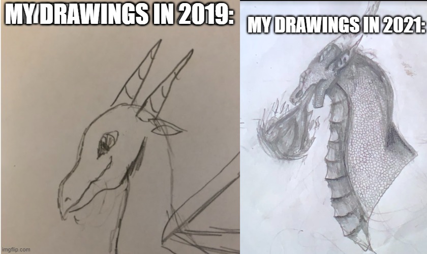 Do you think I improved during the quarantine? | MY DRAWINGS IN 2021:; MY DRAWINGS IN 2019: | image tagged in idek,dragon,improvment | made w/ Imgflip meme maker