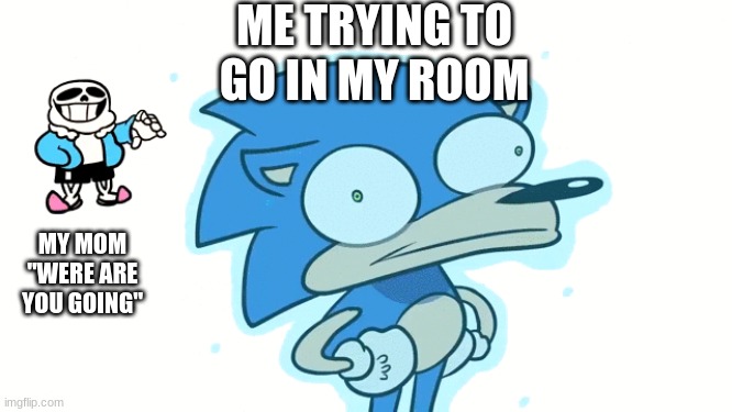 day 1 of making memes with random templtes | ME TRYING TO GO IN MY ROOM; MY MOM "WERE ARE YOU GOING" | image tagged in sonic getting grabbed by sans | made w/ Imgflip meme maker