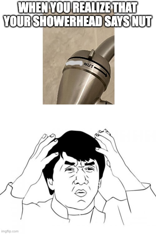 Showerhead says nut | WHEN YOU REALIZE THAT YOUR SHOWERHEAD SAYS NUT | image tagged in blank white template,funny,funny memes,jackie chan wtf,nut,fun | made w/ Imgflip meme maker