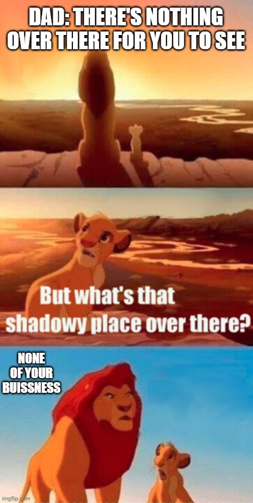 Simba Shadowy Place | DAD: THERE'S NOTHING OVER THERE FOR YOU TO SEE; NONE OF YOUR BUISSNESS | image tagged in memes,simba shadowy place | made w/ Imgflip meme maker