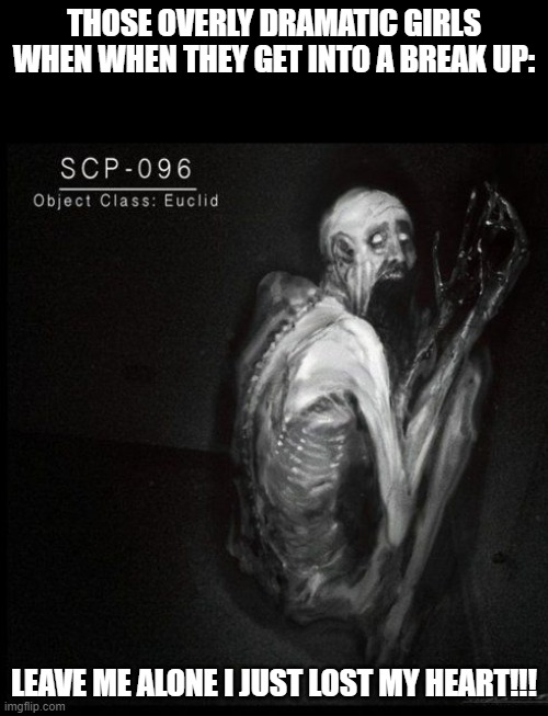 i like SCPs, but i also like to pick some fun; spooktober | THOSE OVERLY DRAMATIC GIRLS WHEN WHEN THEY GET INTO A BREAK UP:; LEAVE ME ALONE I JUST LOST MY HEART!!! | image tagged in scp-096,shy guy,spooktober | made w/ Imgflip meme maker