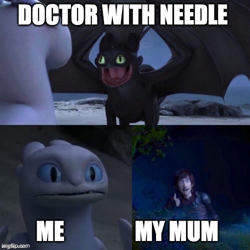 if u like this or find it funny give a like and a comment...thx | DOCTOR WITH NEEDLE; ME                MY MUM | image tagged in foolish toothless | made w/ Imgflip meme maker