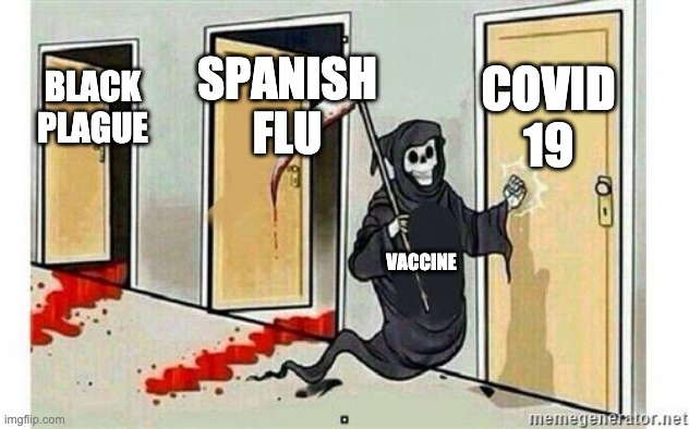 Grim Reaper Knocking Door | COVID 19; SPANISH FLU; BLACK PLAGUE; VACCINE | image tagged in grim reaper knocking door | made w/ Imgflip meme maker