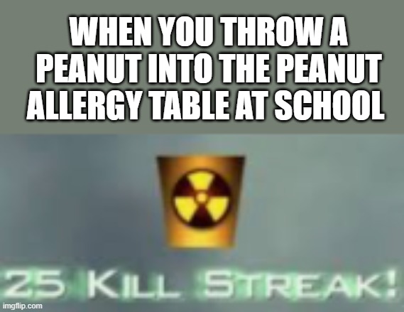 25 kill streak | WHEN YOU THROW A PEANUT INTO THE PEANUT ALLERGY TABLE AT SCHOOL | image tagged in lol so funny,memes,fun,lol,funny | made w/ Imgflip meme maker