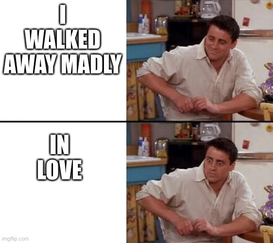 Surprised Joey | I WALKED AWAY MADLY; IN LOVE | image tagged in surprised joey,romance,perfection,joey from friends,what is love | made w/ Imgflip meme maker