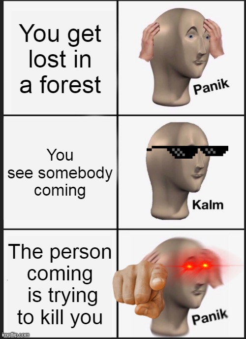 Panik Kalm Panik | You get lost in a forest; You see somebody coming; The person coming  is trying to kill you | image tagged in memes,panik kalm panik | made w/ Imgflip meme maker