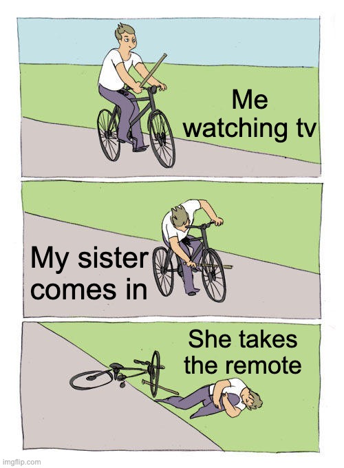 Me on the tv be like: | Me watching tv; My sister comes in; She takes the remote | image tagged in memes,bike fall | made w/ Imgflip meme maker